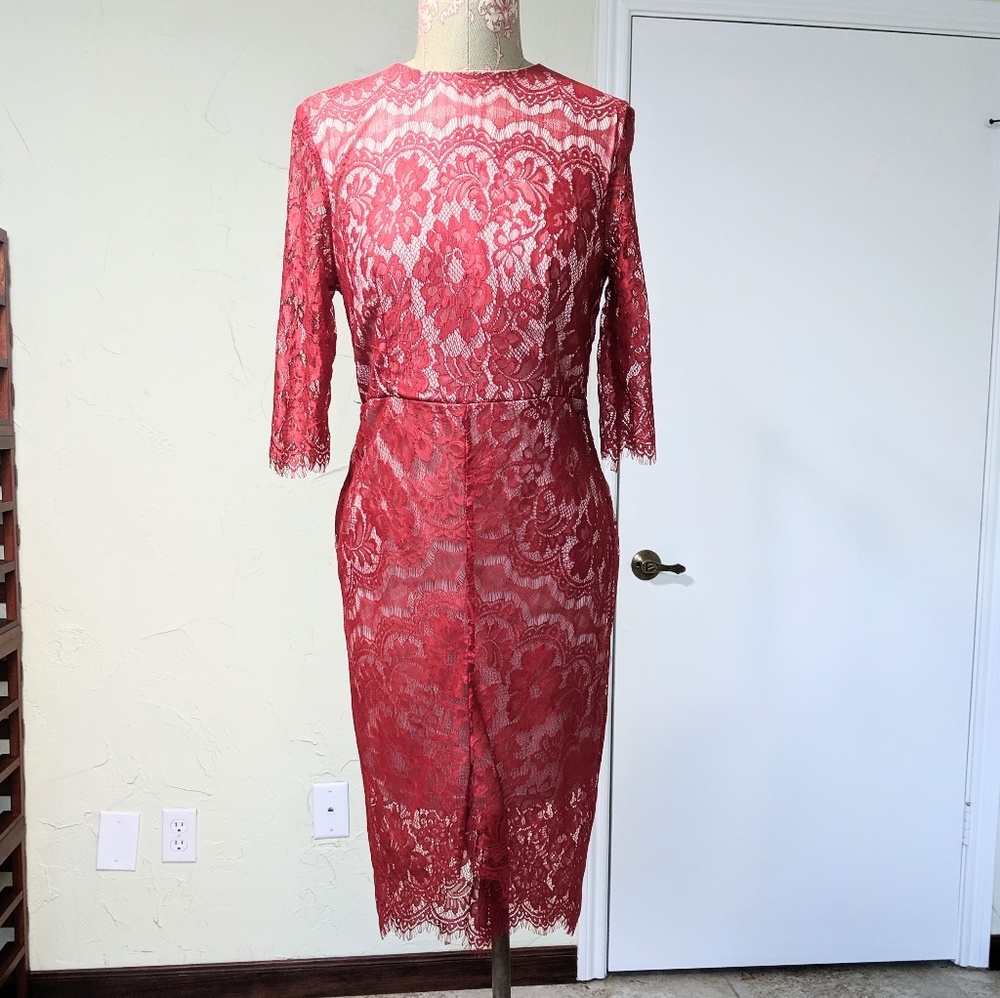 VICI L'Atiste by Amy red lace dress bodycon hi low hem midi stretch